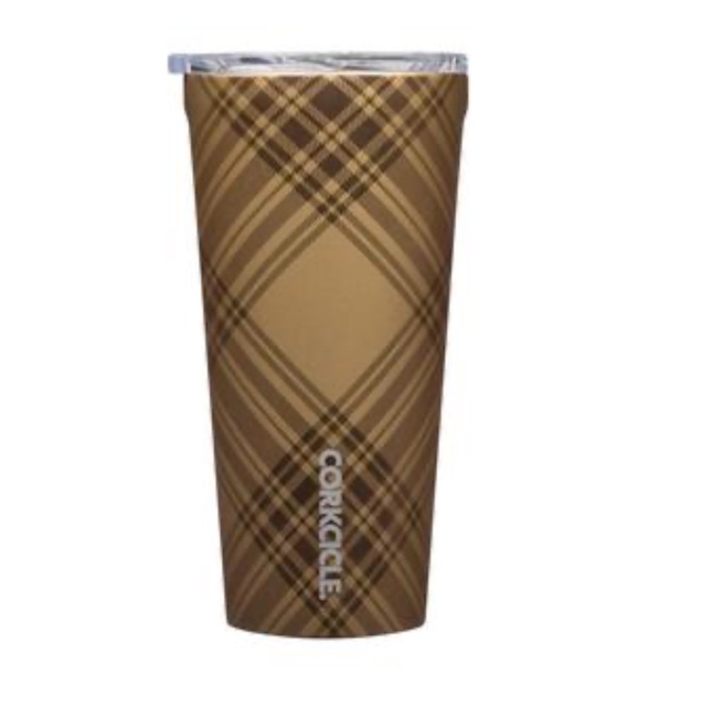 NWT Set of 2 Corkcicle 16 Oz Tumblers - Golden-Tone Plaid